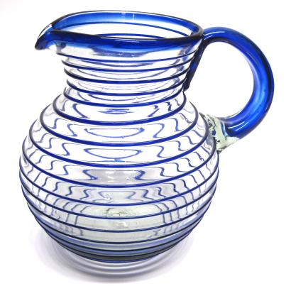 Wholesale MEXICAN GLASSWARE / Cobalt Blue Spiral 120 oz Large Bola Pitcher / A classic with a modern twist, this pitcher is adorned with a beautiful cobalt blue spiral.